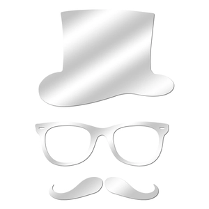 Close-up of mirror acrylic wall stickers featuring top hat, glasses, and mustache