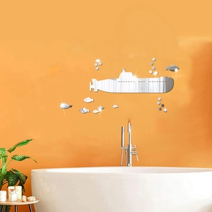 3D submarine and fish mirror wall stickers in silver acrylic for home decor