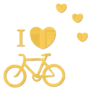 Detail view of 3D gold mirror acrylic wall stickers with heart and bicycle patterns