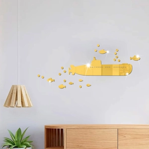 Golden acrylic 3D submarine mirror wall stickers with bubbles and fish for kids' room