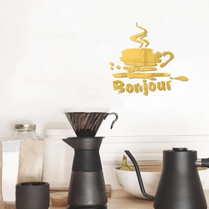 Sticker mural tasse à café en acrylique doré et Bonjour pour déco de cuisine moderne