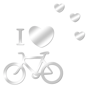 Detail view of 3D mirror acrylic wall stickers with I Love Bicycle heart design