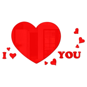 Macro detail of red mirror acrylic heart wall stickers with Love and You letters