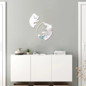 Detail view of cat-shaped acrylic mirror wall stickers with high reflective silver finish