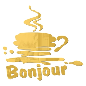 Sticker mural miroir doré tasse de café avec texte Bonjour pour cuisine et salle à manger