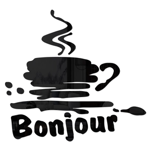 Sticker mural 3D miroir en acrylique noir avec motif tasse de café et texte Bonjour