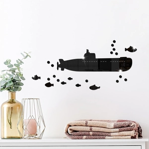 Creative black mirror acrylic submarine wall sticker set with fish and bubble motifs