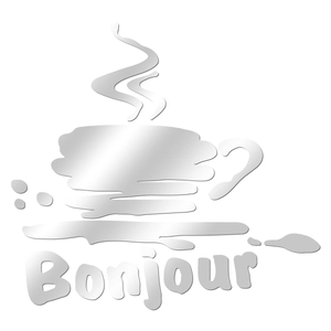 Sticker mural miroir argenté en acrylique avec motif tasse de café et mot Bonjour