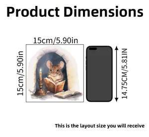 Size chart for 15x15cm mouse reading wall sticker showing dimensions against a smartphone