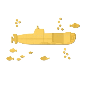 Detail view of gold submarine mirror wall decals with small fish and bubble pieces