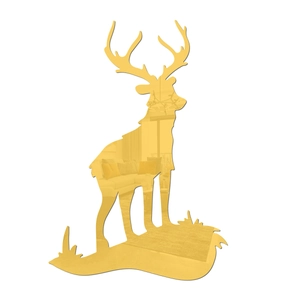 Detail of golden mirror acrylic deer wall sticker reflecting a modern living room setup