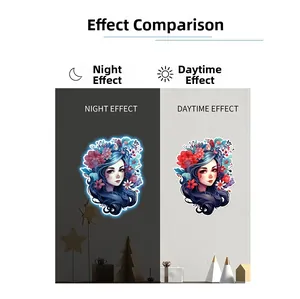 Sticker mural lumineux montrant l'effet de jour et de nuit d'une femme fleurie