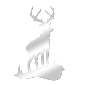 Detail of silver mirror acrylic wall sticker showing a 3D stag silhouette for home decor