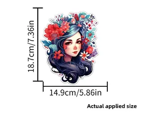 Dimensions détaillées du sticker mural lumineux femme fleurs, hauteur 18,7 cm et largeur 14,9 cm