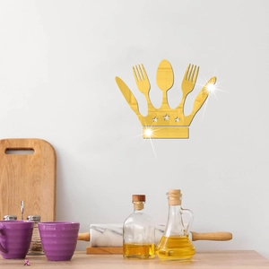 Golden acrylic mirror wall stickers featuring crown cutlery design for kitchen decor