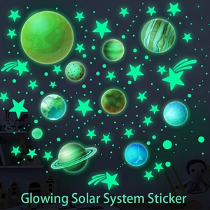 Glow-in-the-dark solar system wall decals for kids room featuring neon stars and planets