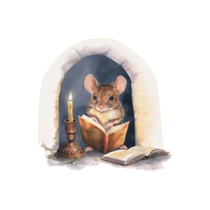 Creative mouse reading book wall decal for cozy bedroom decor with watercolor art style