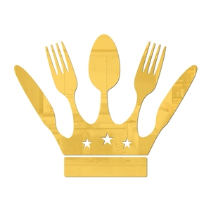 Macro detail of golden acrylic crown mirror wall sticker with cutlery and stars
