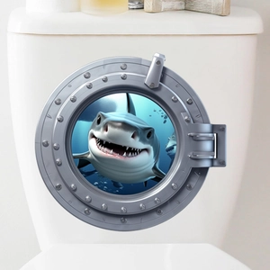Sticker mural 3D requin hublot pour décoration salle de bain et décalcomanie toilette