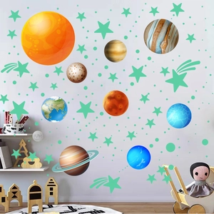 Detailed view of luminous solar system wall stickers with glowing planets and stars