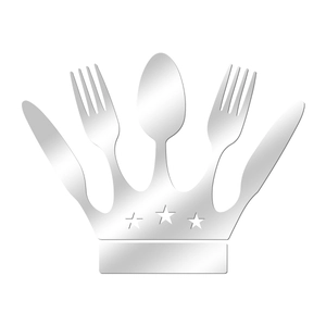 Detail of silver acrylic mirror wall sticker in crown shape with cutlery and stars