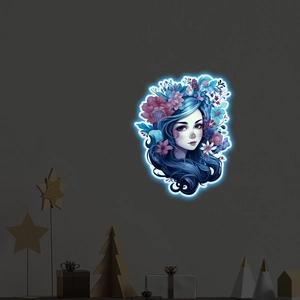 Sticker mural fluorescent portrait de jeune fille aux fleurs pour déco de chambre