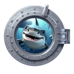 Sticker mural requin 3D avec hublot réaliste et scène sous-marine détaillée