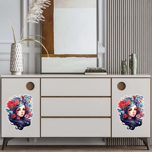 Détail des stickers muraux lumineux de jeune fille fleurie sur un meuble blanc