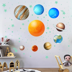 Solar system wall stickers featuring planets and glowing stars in a kid's bedroom