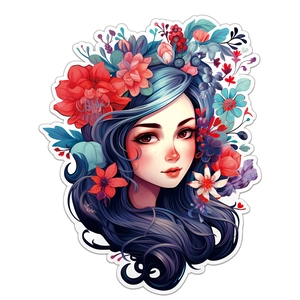 Détail d'un autocollant mural déesse florale avec fleurs dans les cheveux bleus
