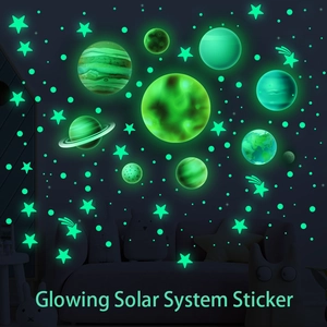 Glow-in-the-dark solar system wall stickers showing luminous planets and stars in a bedroom