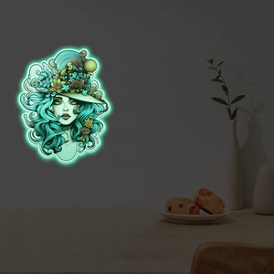 Vue détaillée d'art mural LED cyan lumineux avec portrait vintage en néon artistique