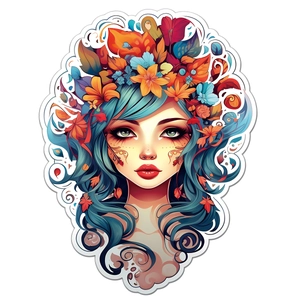 Sticker mural femme fleurie lumineuse avec cheveux bleus et détails de couronne d'automne