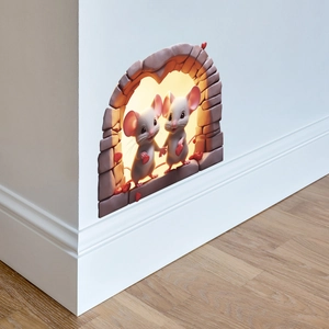 Detail showing 3D wall sticker of cute white mice under stone arch for corner decoration