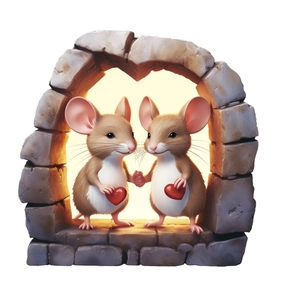 Sticker mural 3D souris avec cœurs rouges sous une arche en pierre pour déco