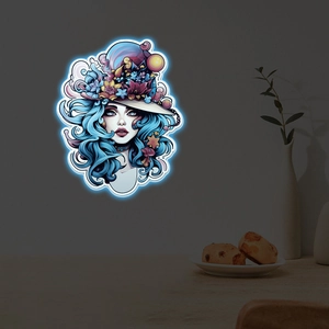 Sticker mural lumineux fille à fleurs avec effet néon bleu pour décoration de chambre