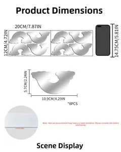 Detailed view of 8pcs acrylic cloud mirror stickers with precise size measurements in cm