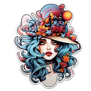 Sticker mural fluorescent représentant une femme aux cheveux bleus et chapeau fleuri