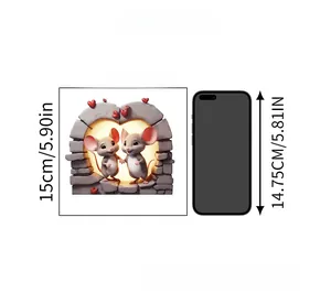 Detailed size comparison of a 15x15cm cartoon mouse wall sticker with a smartphone