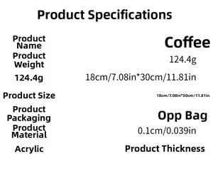 Detailed specifications for acrylic coffee cup wall stickers showing dimensions and material