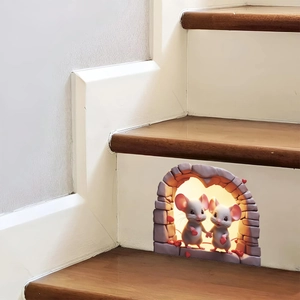 3D cartoon mice in brick hole with red hearts wall sticker for stairs and corners