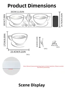 Size chart showing dimensions for acrylic coffee cup mirror wall stickers in silver