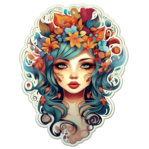 Détail d'un sticker mural lumineux montrant une femme aux cheveux bleus et fleurs