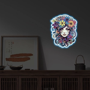 Sticker mural néon fille aux fleurs lumineuses avec lueur bleue pour déco de chambre