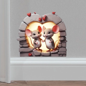 3D creative wall sticker featuring two cute cartoon mice holding hands in a stone heart hole