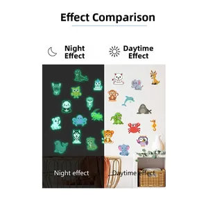 Glow in the dark cartoon animal wall stickers showing day and night lighting effects