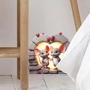 3D wall sticker featuring cartoon mice holding hands in a glowing heart-shaped stone cave