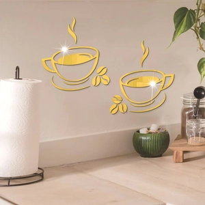 Modern gold acrylic coffee cup mirror wall stickers for kitchen or dining room decor