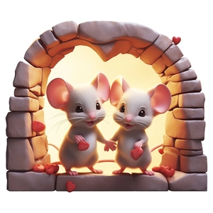 3D cute mouse wall sticker with red hearts and stone arch for bedroom decoration