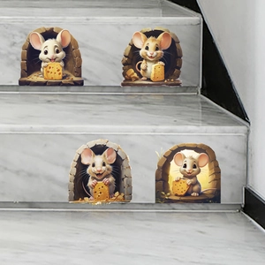 Detailed view of creative 3D cartoon mouse stickers on marble staircase risers